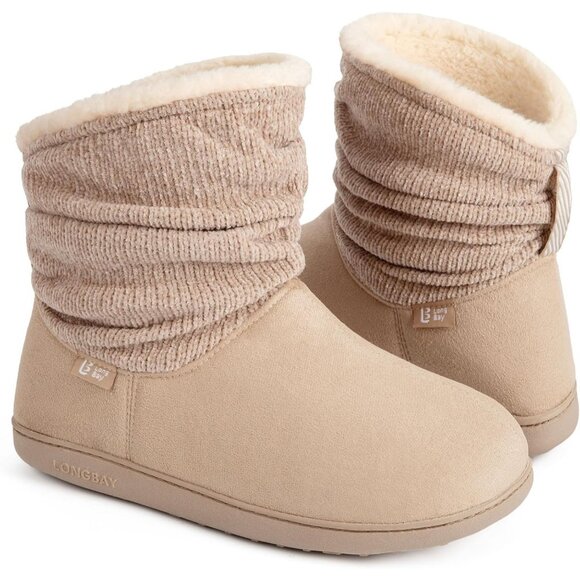 Women's Khaki LongBay Chenille Knit Bootie Slippers Memory Foam Faux Fur Suede - Picture 1 of 6